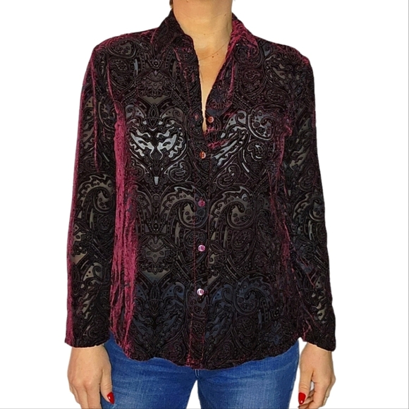 French Laundry Rayon Silk Jacquard Button Up Long Sleeve Blouse Deep Red Small - Picture 1 of 3